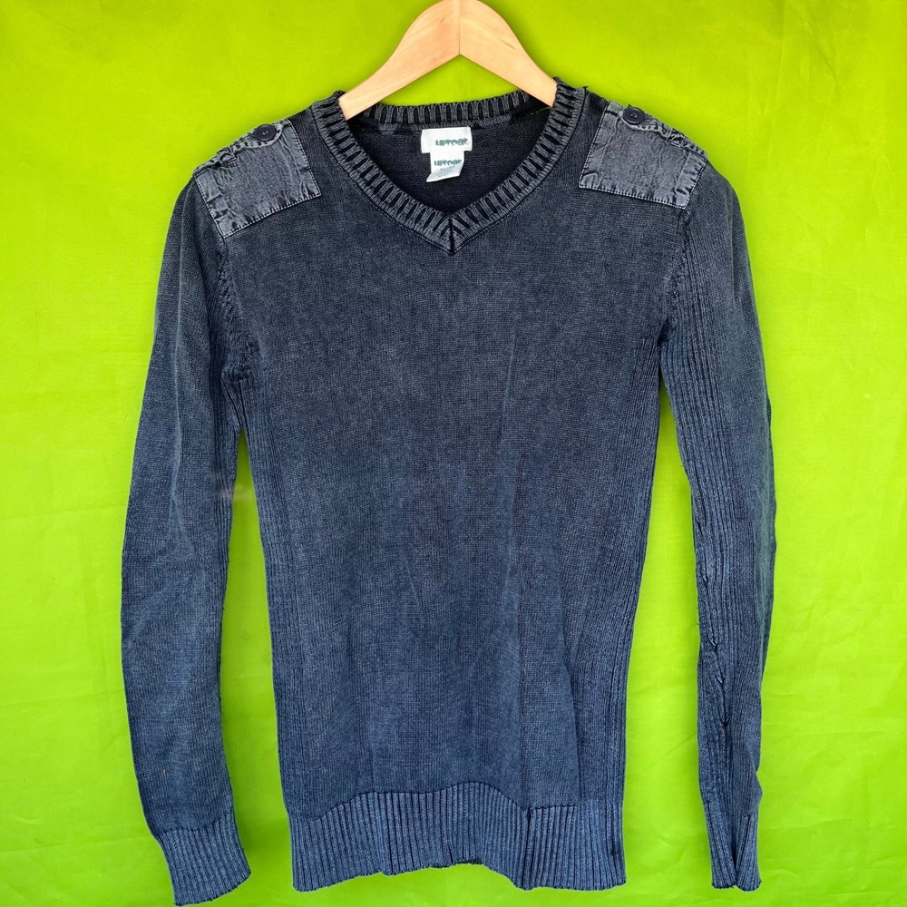 SMALL Uproar Y2k V-Neck Sweater Blue Cotton Knit Denim Patches Distressed